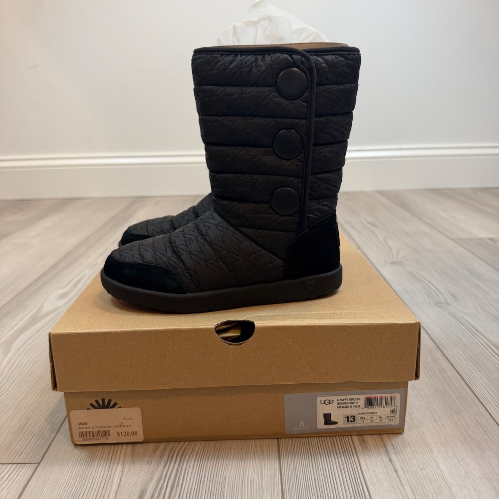 NEW UGG K Puffy Quilted Houndstooth Black Water Resistant Boots 1014449K Kids 13